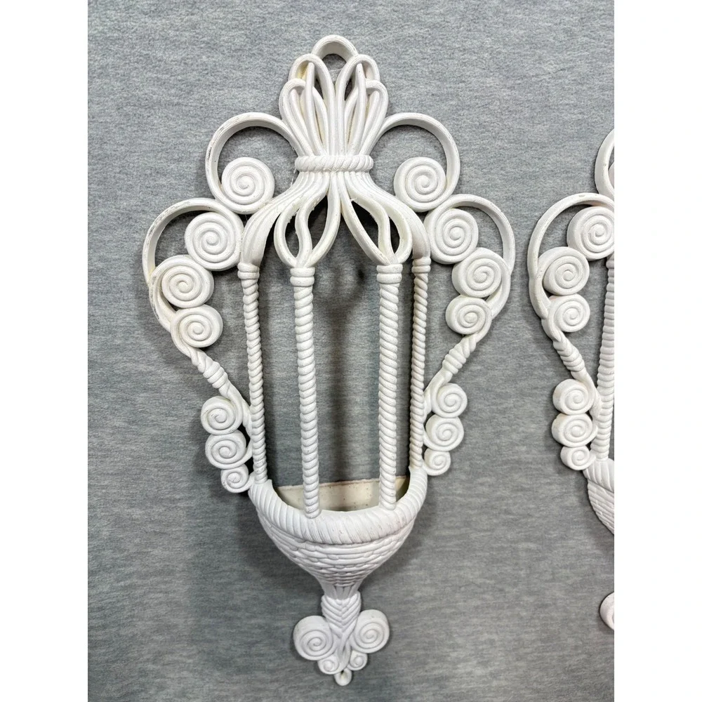 Vintage White Syroco Style Wall Pocket‎ Planter Pair Hollywood Regency Scroll